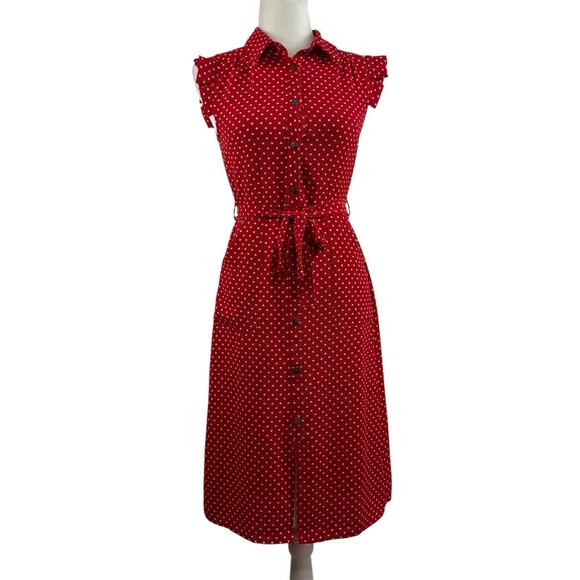 Retro Romance Polka Dot Red White Monteau Dress Small Pockets Belted Tradwife - Picture 10 of 12